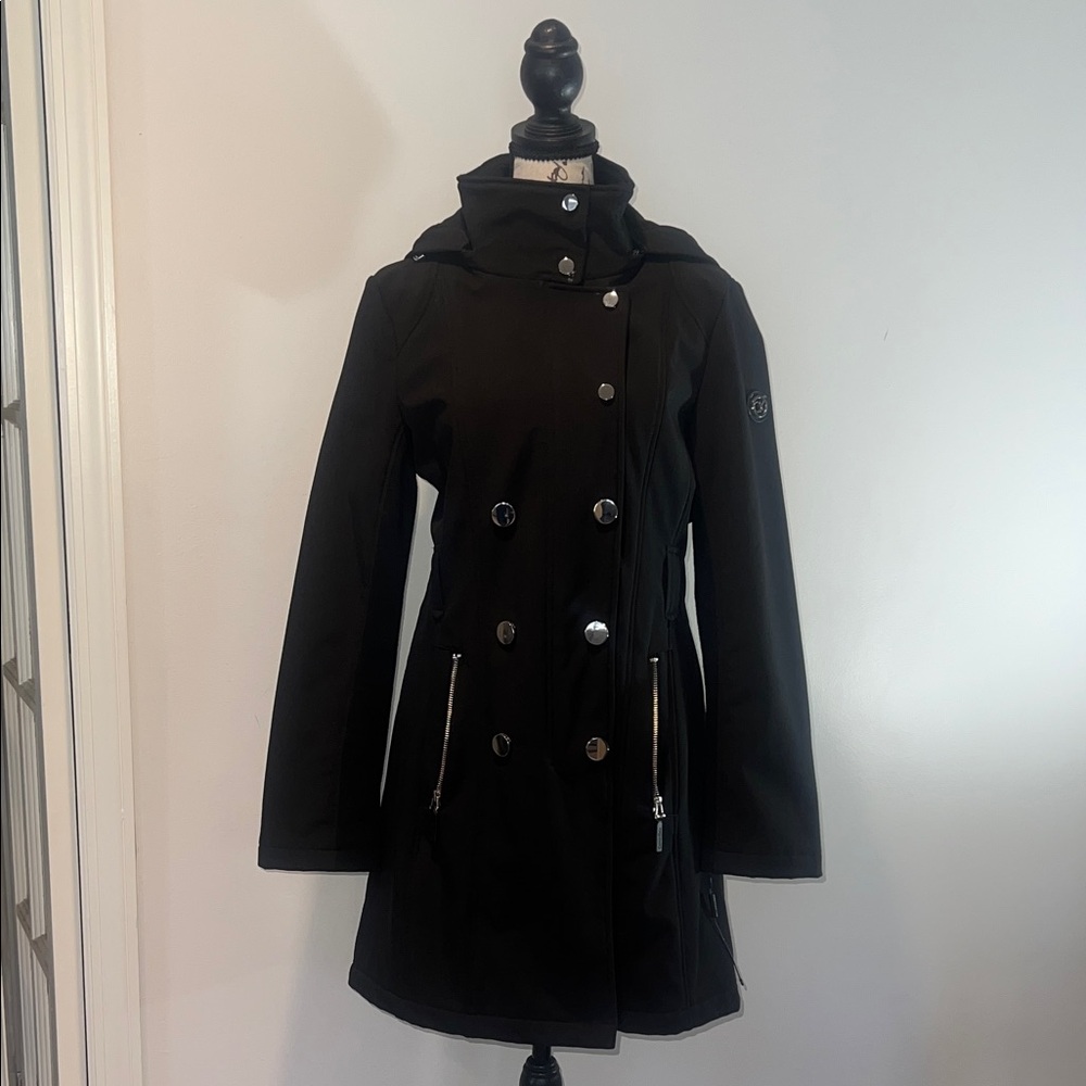 Calvin Klein Women's Black Rain Coat with High Collar and Removable hood XS